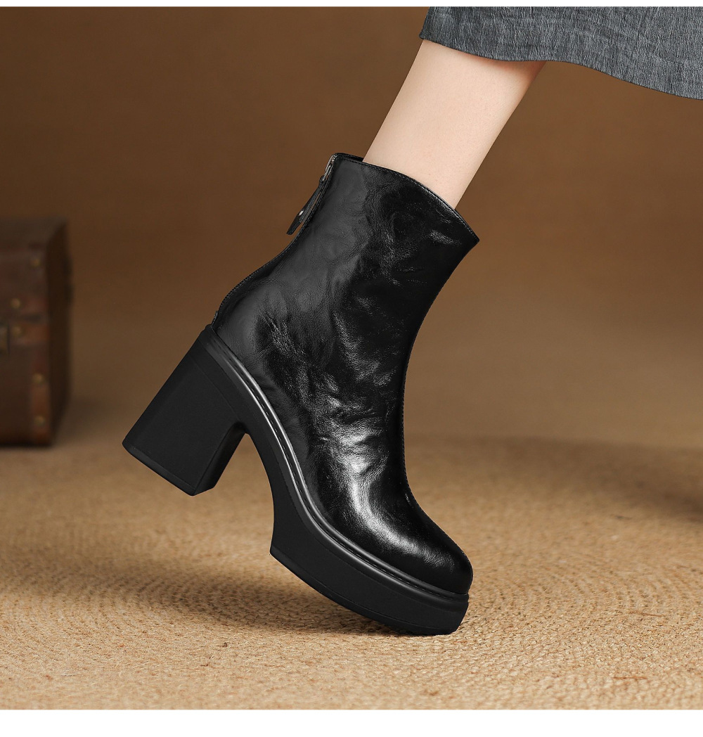 Boot nữ da bò gót thô 9,5cm cổ ngắn khóa kéo sau — Lớp lót đơn màu đen, Lớp lót đơn màu nâu đậm, Lót nhung đen, Lót nhung màu nâu đậm