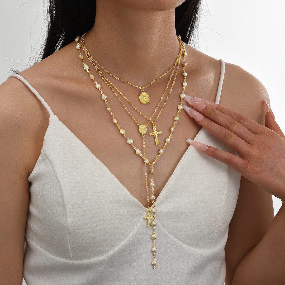 镶嵌彩钻爱心吊坠流苏项链四件套装百搭小众轻奢气质项饰叠戴锁骨