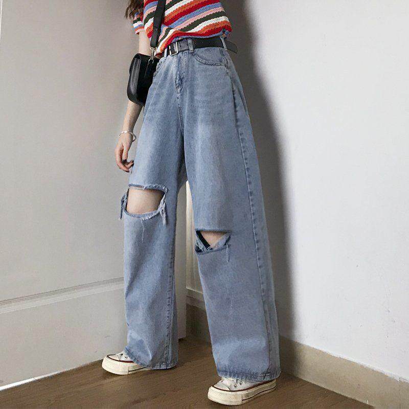 Knee Ripped Wide Leg Jeans for Women Loose Fit High Waist Casual Style Spring Summer Fashion Wholesale Available