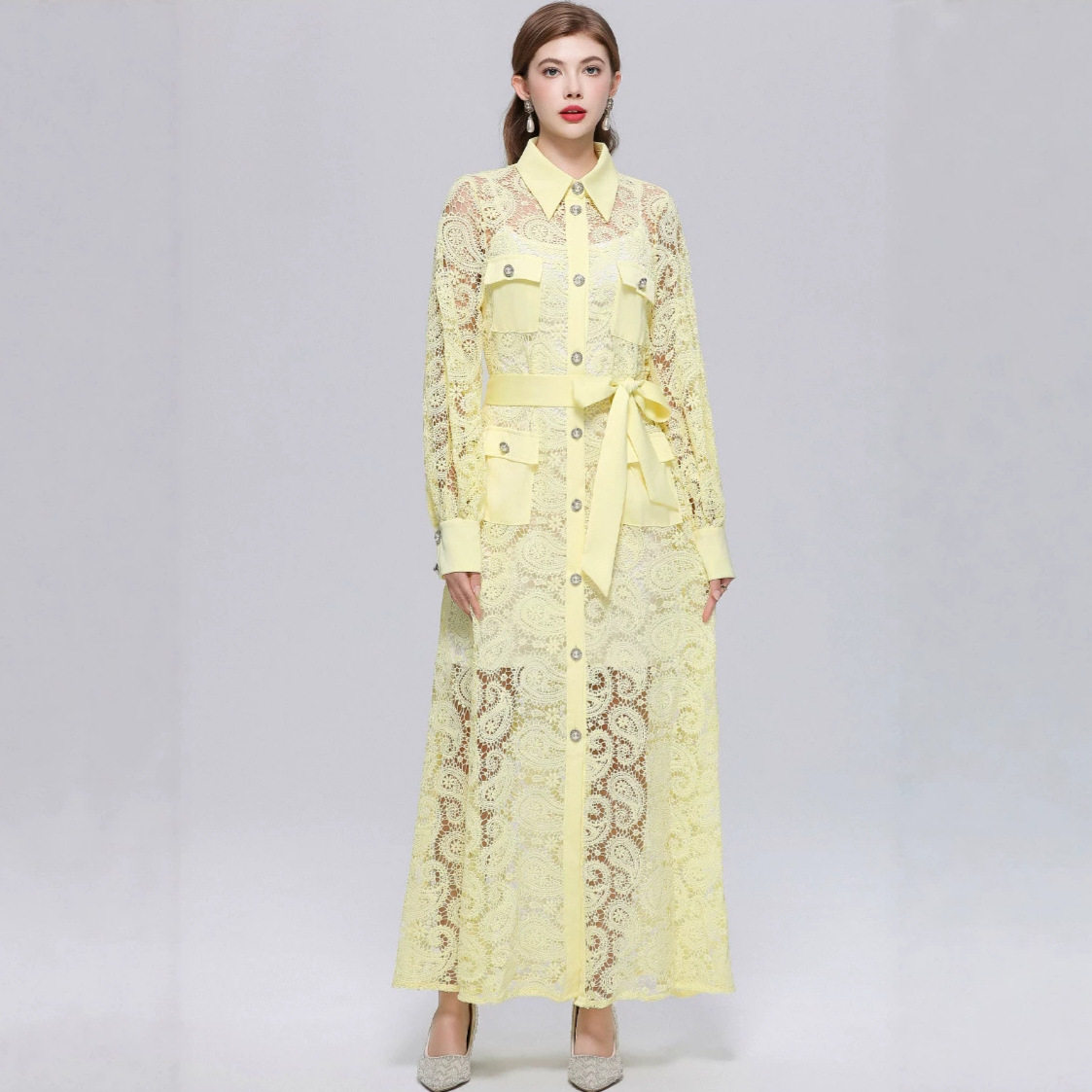 French Romantic Style Lace Dress Stand Collar Lantern Sleeves Slim Fit A Line Silhouette Elegant Summer Occasion
