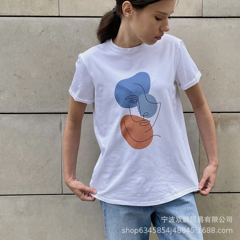Abstract Aesthetic Printed T Shirt for Women Soft Cotton Loose Fit Basic Style Summer Casual Wear Wholesale