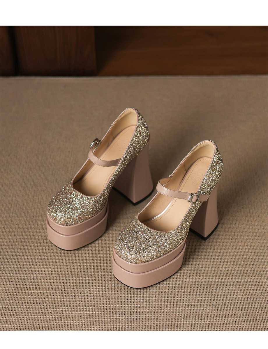 Giày cao gót mũi vuông đính sequin quai ngang đế xuồng — Màu đen, Màu sâm panh
