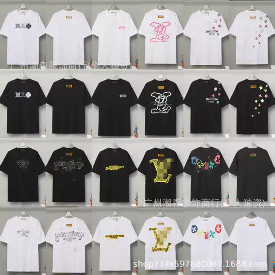 Authentic Cross-Border Version of Trendy Brand Lv L with Full Letter Print, Short-Sleeve Classic Style, Crew Neck, Unisex Loose-Fit T-Shirt, In-Stock for Export