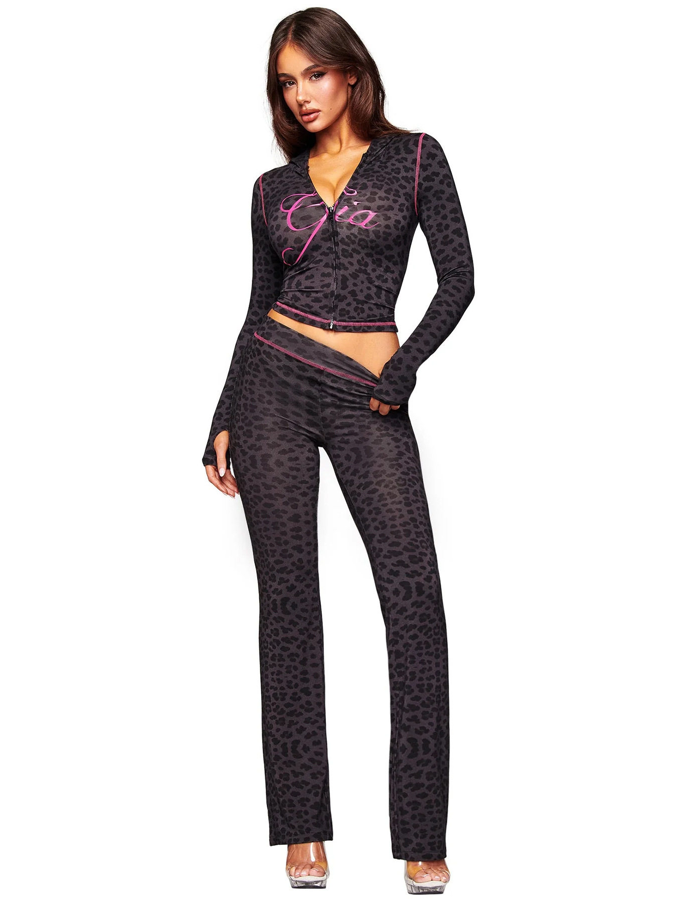 HR25071 欧美时尚女装跨境货源印花连帽长袖拇指扣微喇叭两件套装