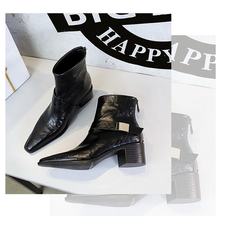 Boot nữ cổ thấp gót vừa mũi nhọn khóa kim loại phong cách Âu Mỹ — Lớp lót nhung đen, Lớp lót nhung màu nâu sẫm, Màu đen, Màu nâu đậm