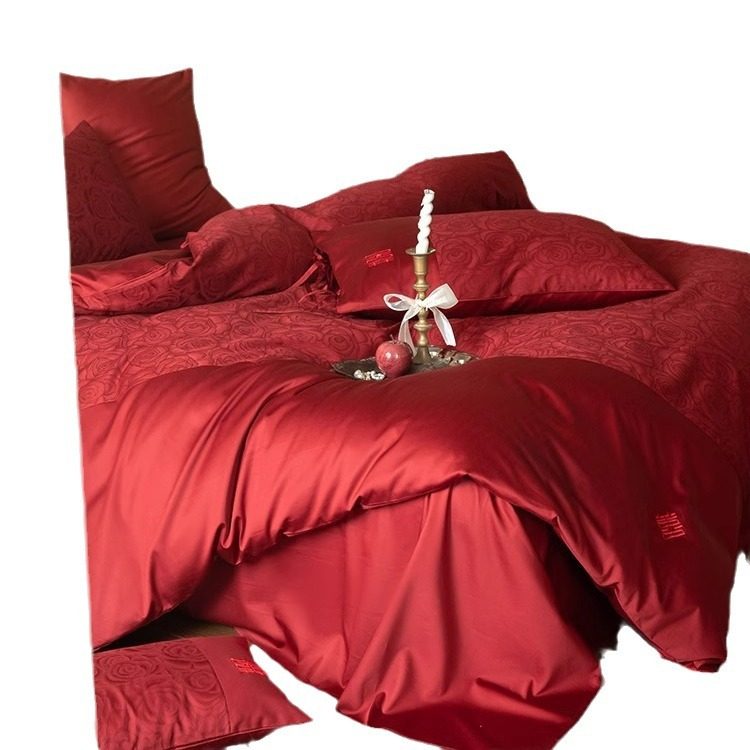 Red wedding festive skin-friendly cotton four-piece satin jacquard high-end wedding men's and women's bedding wholesale
