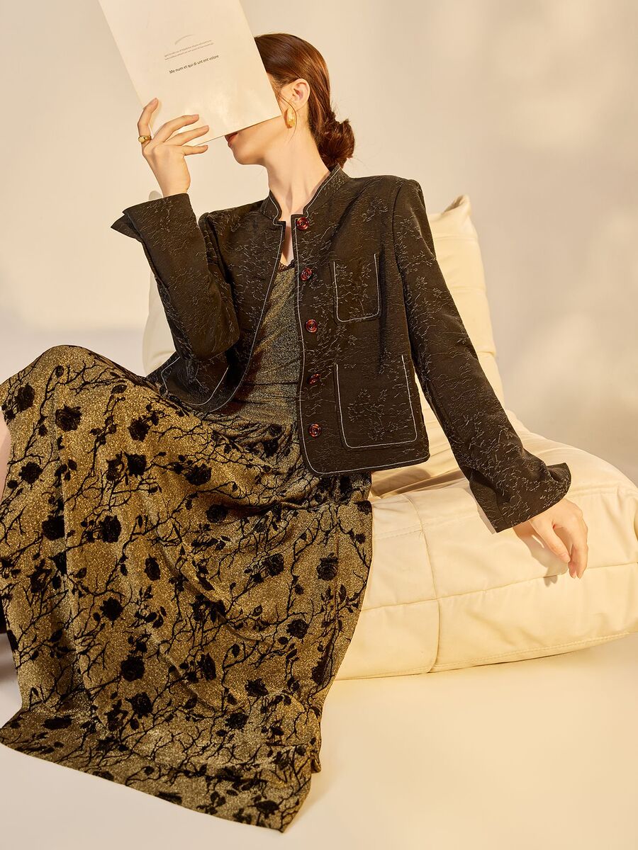 Áo khoác ngắn dệt jacquard họa tiết hoa cổ tròn tay dài phong cách retro — Lan Dạ Hắc (giao hàng 7 ngày)