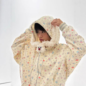 Sheep and Bunny Print Set for Women, 2025 Autumn, Cute Hooded Scarf Jacket, Straight-Leg Pants, Three-Piece Set