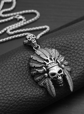 哥特吊坠骷髅头项链印第安朋克男