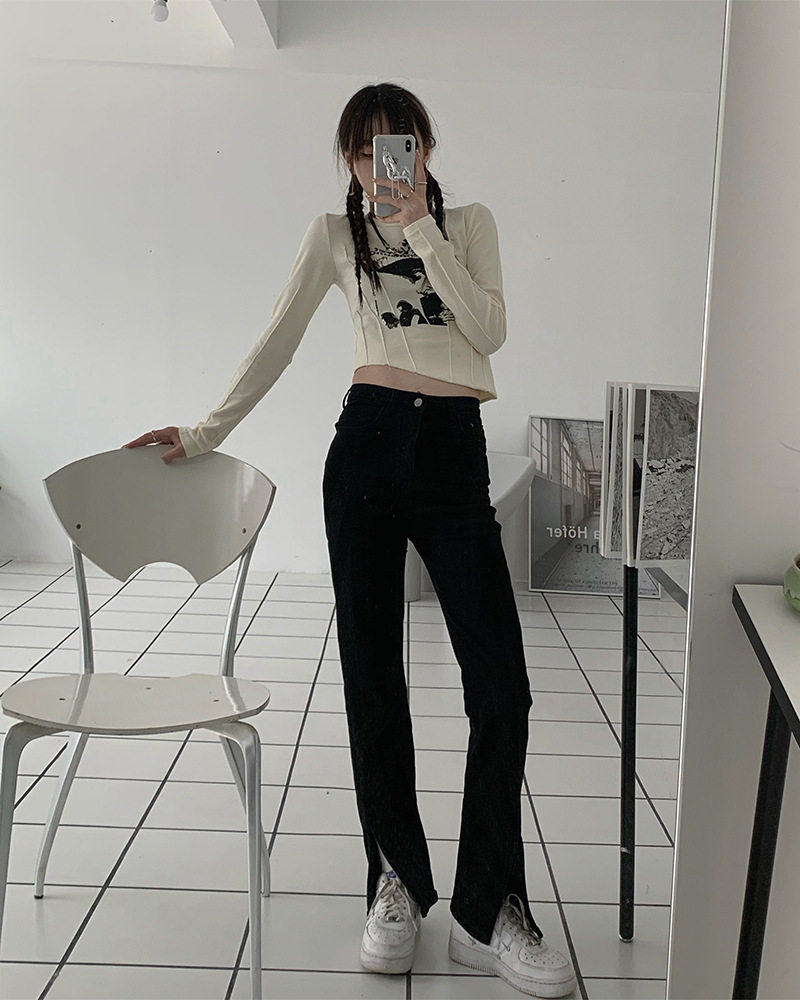 High Waisted Slimming Jeans for Women Spring Korean Style Front Split Casual Straight Leg Wholesale Available