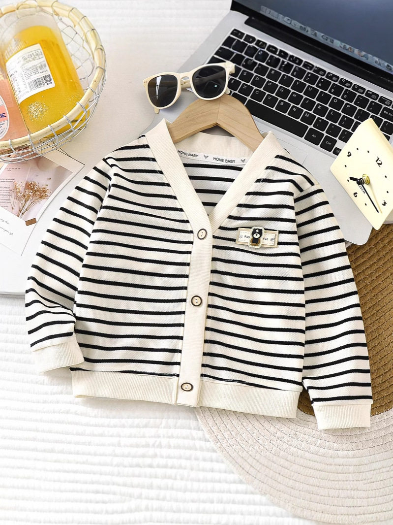 New Boys & Girls Autumn Korean Style Striped Versatile Stylish Coat, Kids' Long-Sleeve Top for Toddlers & Little Kids