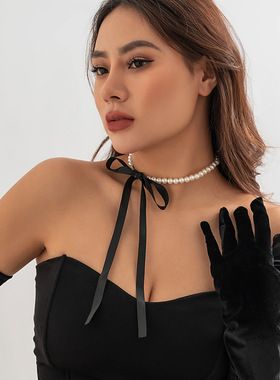 欧美跨境饰品 复古法式宫廷珍珠颈链 气质简约diy绒布蝴蝶结项链