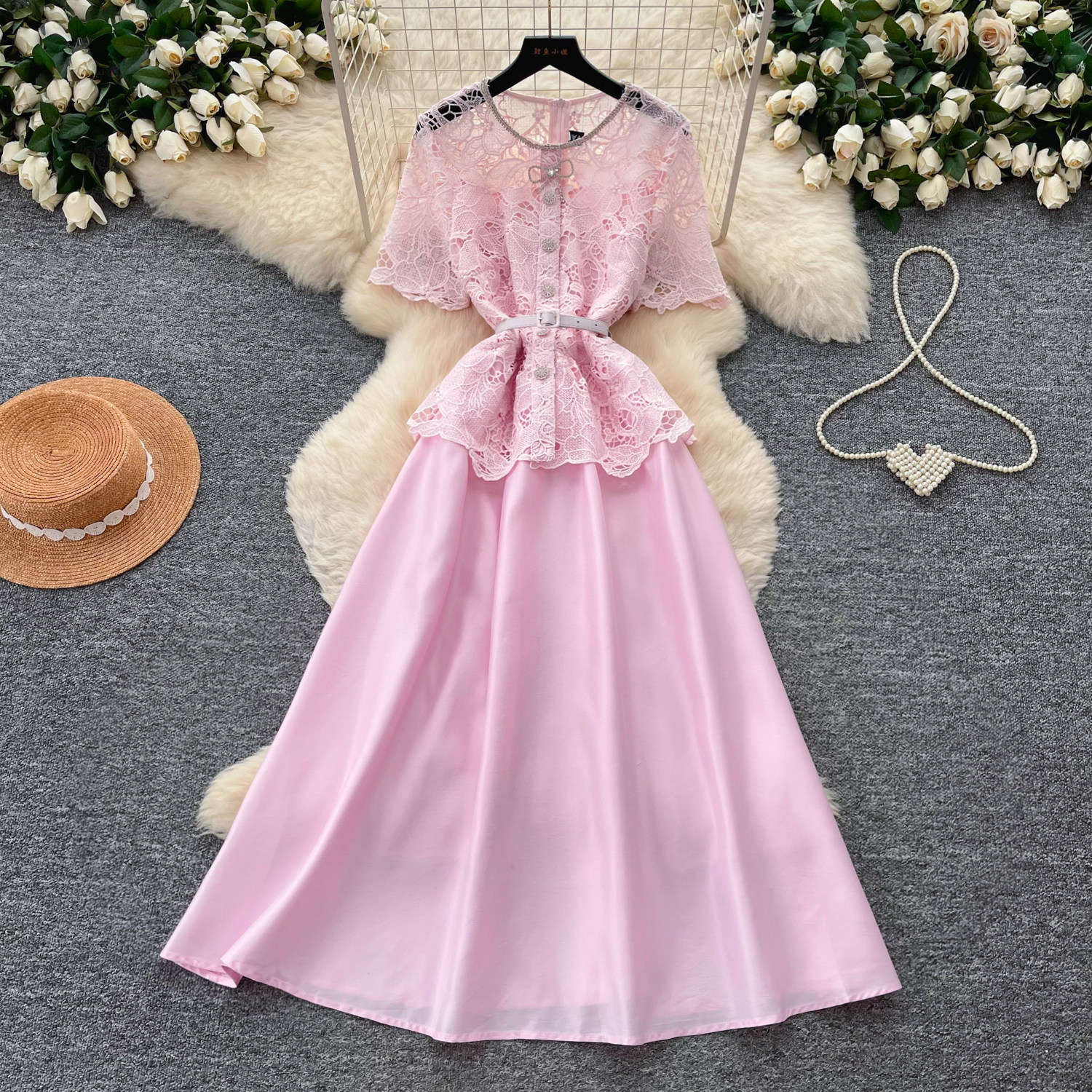 Pink Lace Hollow Out Satin A Line Dress for Women Summer Slim Fit Elegant Style Perfect for Work and Special Occasions