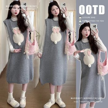 Maternity Wear Autumn Wear 2025 New Sweater Dress Age-Reducing Rabbit Vest Dress Pregnant Mother Wear Winter Suit