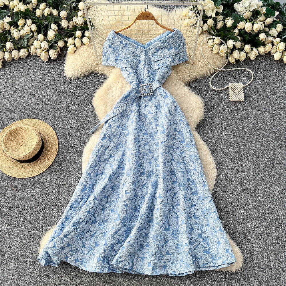 French Style Blue Floral Maxi Dress for Women Summer High Waist A Line Puff Sleeves Slim Fit Elegant Occasion
