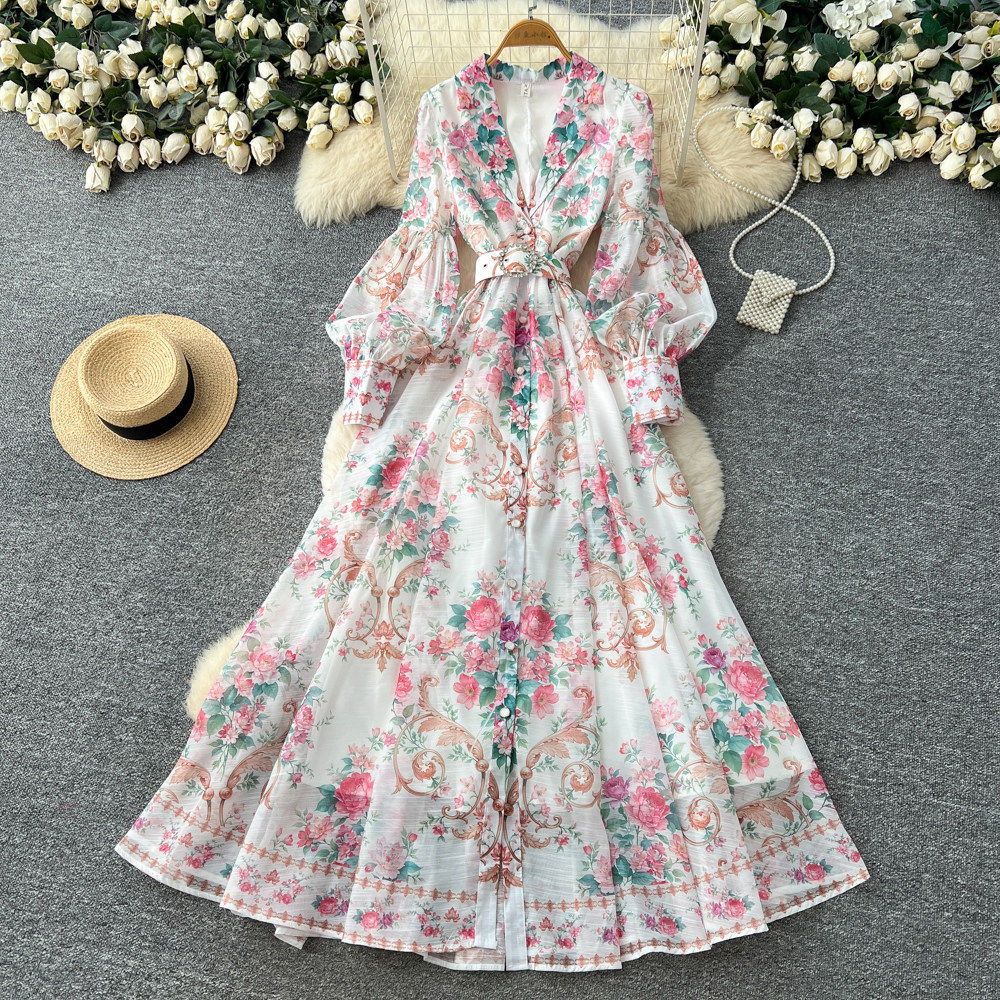 Floral Print Bell Sleeve Dress Long Sleeve Waist Tie A Line Silhouette Elegant Vacation Style Wholesale Available