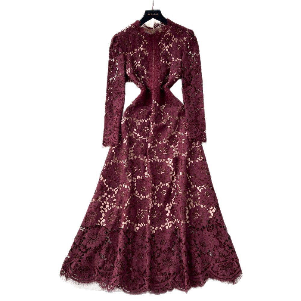 French Style Elegant Lace Dress High End Crochet Design Slim Fit Autumn Fashion Perfect for Formal Occasions