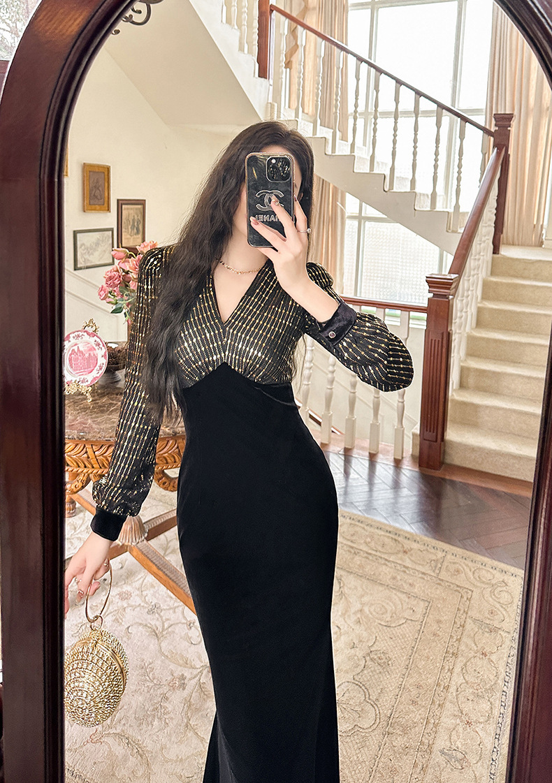 Đầm dài nhung phối sequin cổ chữ V dáng đuôi cá nữ — Xanh đá quý, Màu đen, Đỏ gỉ sắt