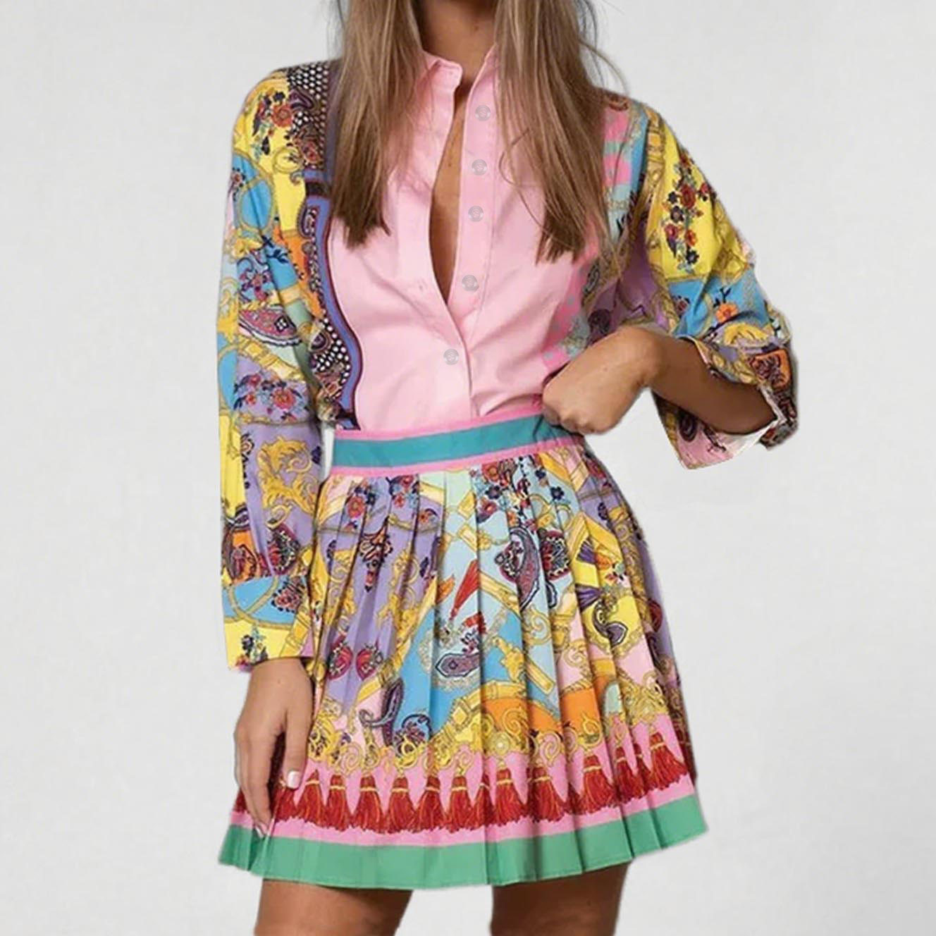 Spring Floral Long Sleeve Shirt and Pleated Skirt Set for Women Stylish Two Piece Outfit Perfect for Casual or Business