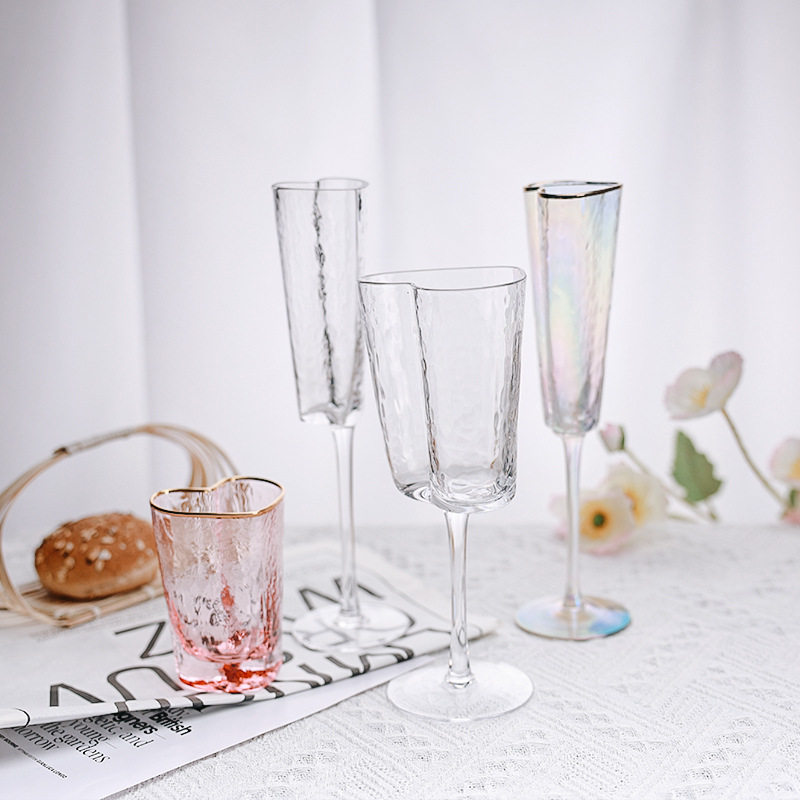 Trendy Hammered Heart Champagne Glasses Couple Style Colorful Gold-Trimmed Peach Heart Wine Glasses Cross-Border Popular Highball Glasses Wholesale