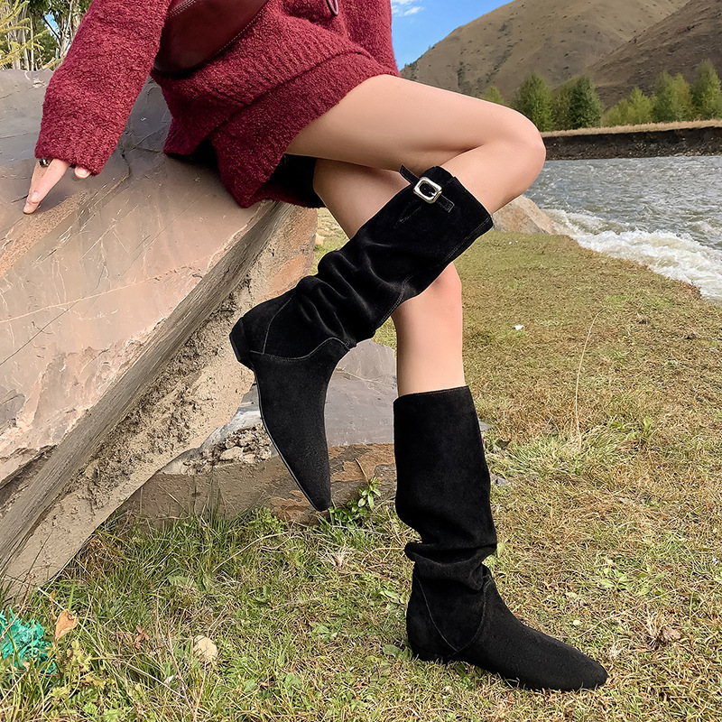 Boot nữ cổ cao mũi nhọn da lộn bò phong cách cổ điển gót thấp — Lớp lót đơn màu đen, Lớp lót đơn màu nâu, Lớp lót đơn màu xám, Lót nhung đen
