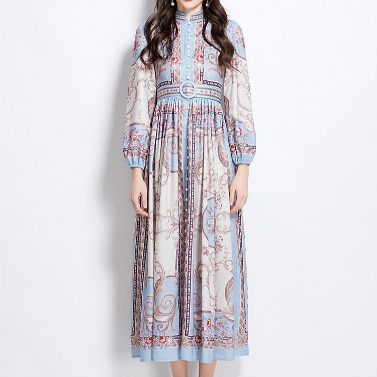 Vintage Lantern Sleeve Waist Defined Button Down Floral Maxi Dress Elegant Slim Fit Chic Style Perfect for Parties