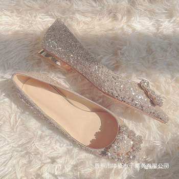 Wedding Shoes for Women, New Style Flat Crystal Shiny Wedding Dress, Xiuhe Bridesmaid, Pregnant Woman Banquet, Daily Wearable Crystal Shoes