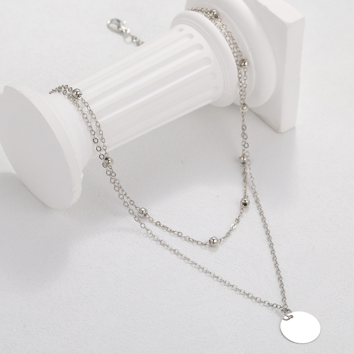Cross-border Retro Simple Style Double-layer Round Necklace Clavicle Chain Alloy Bead Chain Disc Pendant Necklace Collar for Women