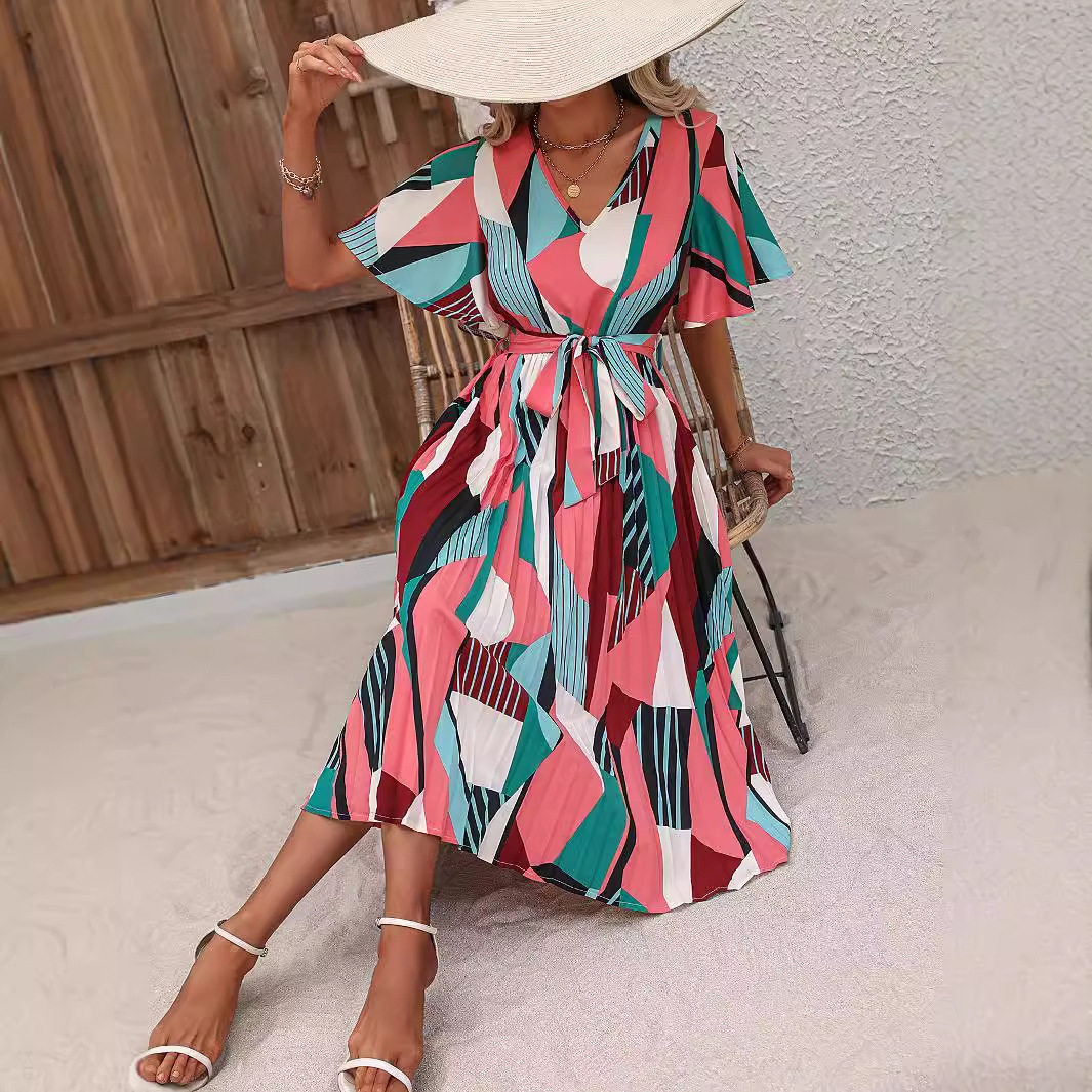 Floral Print Maxi Dress Short Sleeve Tie Detail Elegant Design Perfect for Summer Events Wholesale Available