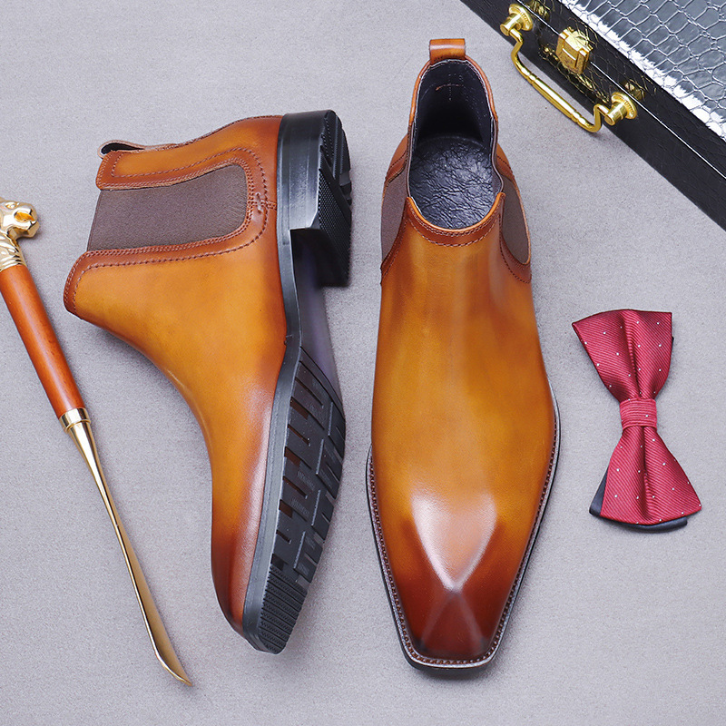 Giày Chelsea boot nam da bò thật cổ thấp dây chun hai bên — Màu nâu vàng, Màu đen (kiểu lót lông), Màu đen, Màu nâu vàng mẫu lót nhung