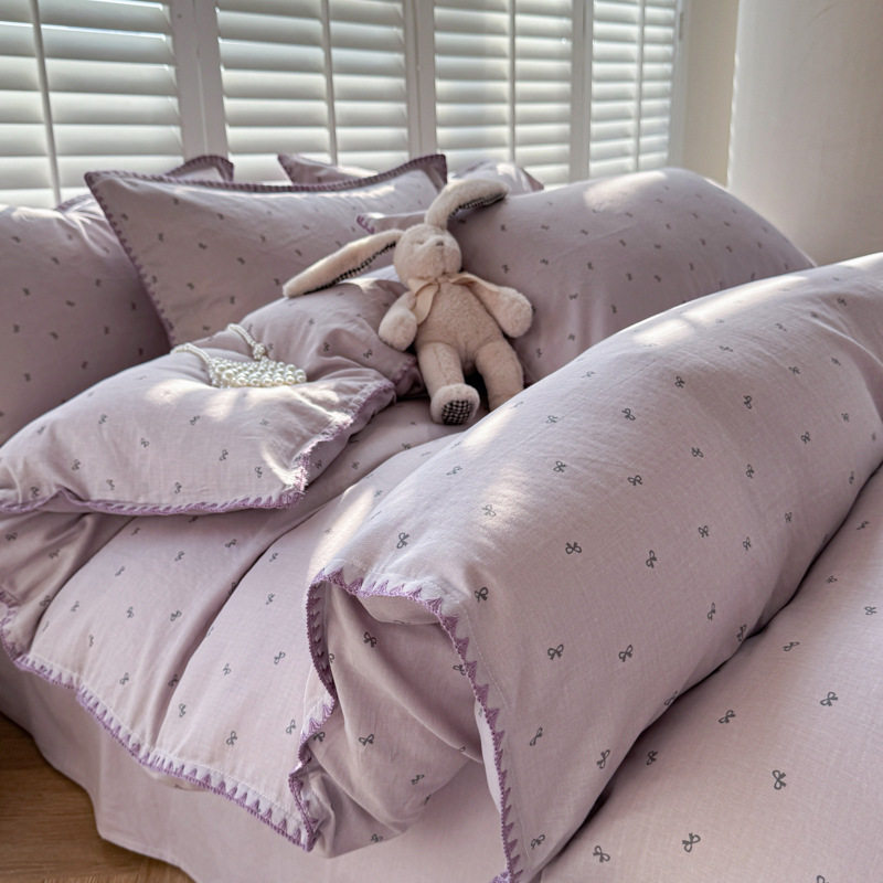 Small fresh class a cotton double-layer yarn bed four-piece set ins dormitory cotton quilt cover bed sheet shell edge four-piece set