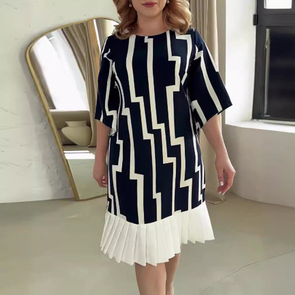 Summer Womens Pleated Dress Round Neck Striped Patchwork Elegant Style Perfect for Casual Outings Wholesale