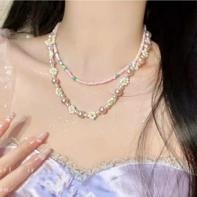 Beautiful dopamine colorful flower beaded necklace for women...