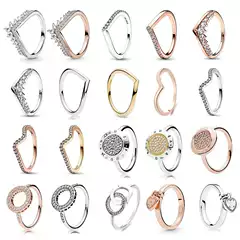 Panjia V-Shape Heart White Copper Plated S925 Silver Ring with CZ Diamonds, Rose Gold Finish Crown Cross-Border Ring