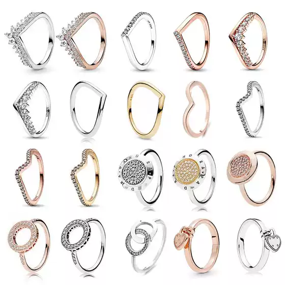 Panjia V-Shaped Heart White Copper Sterling Silver Plated Crystal Ring with Rose Gold Crown Setting