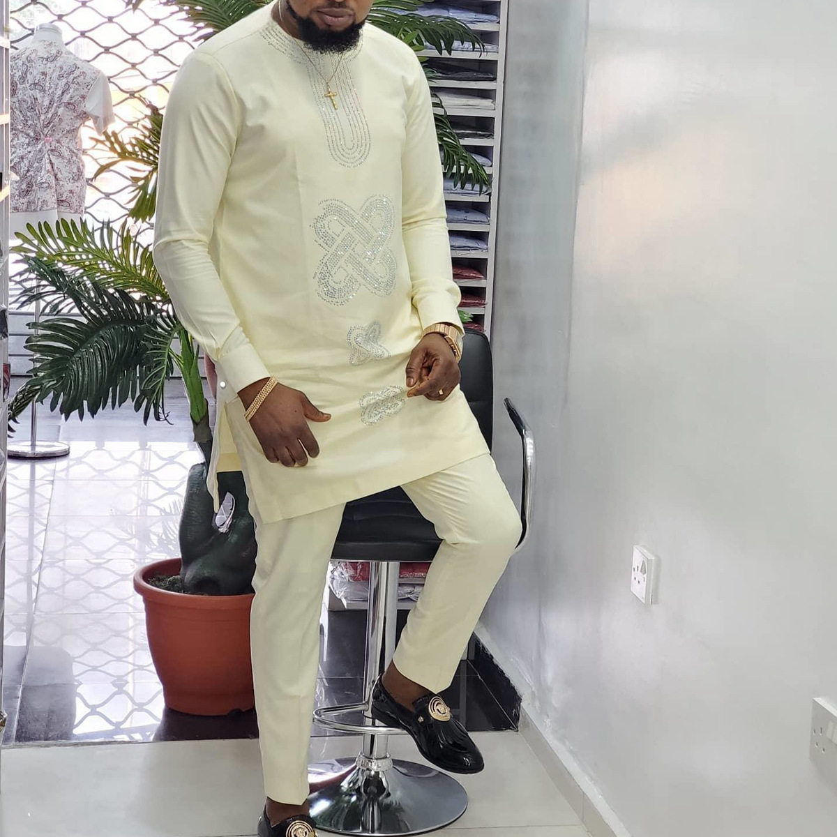 2023非洲民族风男士休闲套装2件套长袖纯色拼接衬衫和裤子套装
