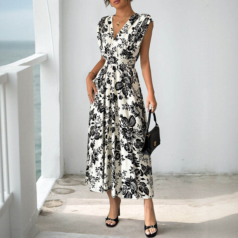 Elegant Black and White Floral Print Sleeveless Dress V Neck Trendy Design Perfect for Summer Events Wholesale