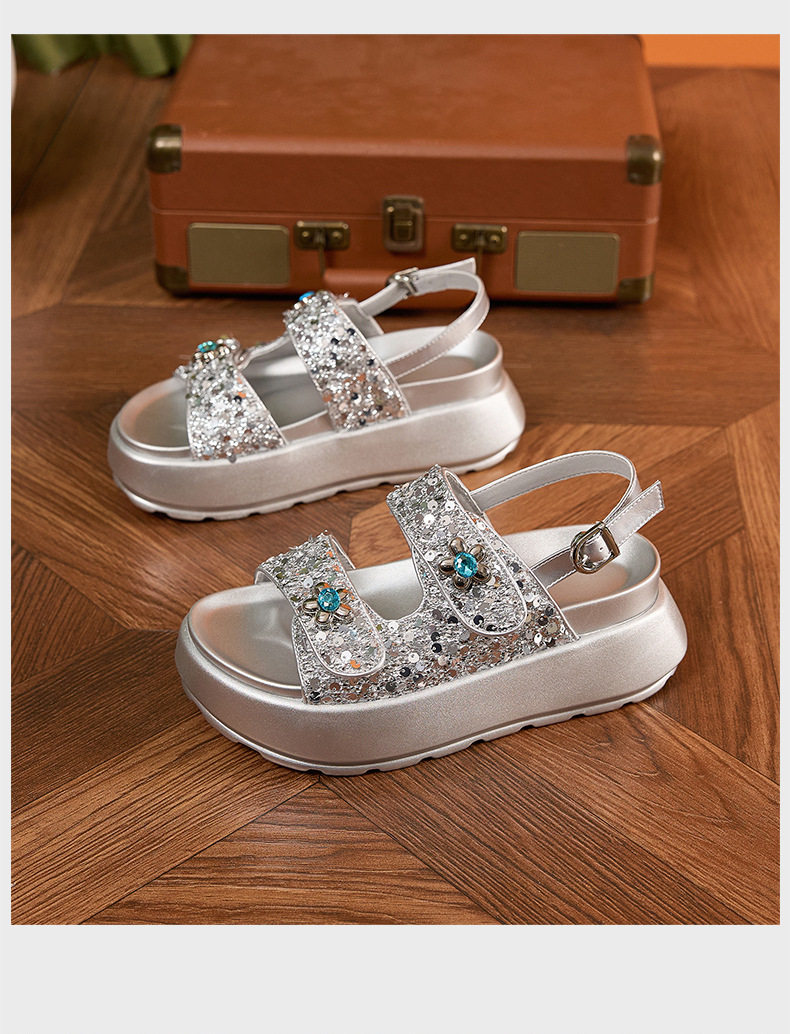 Sandal nữ quai chữ V đế dày chống trượt phong cách thành thị — Đen, Bạc chi tiết 15