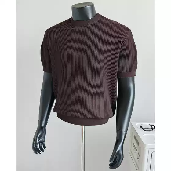 Knitted Short-Sleeve T-Shirt for Men, Ribbed Texture, Summer Cool Feel, Casual Breathable High-Neck, Cross-Border Dropshipping Factory Wholesale