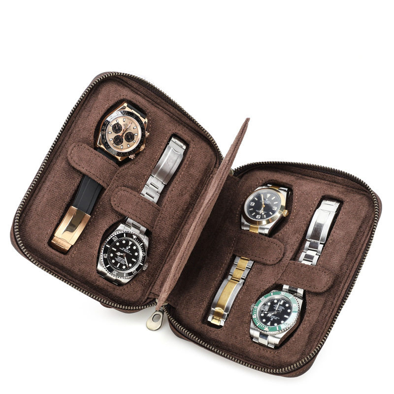 Vintage Crazy Horse Cowhide Four-position Watch Storage Box Handmade Travel Portable Square Genuine Leather Watch Box