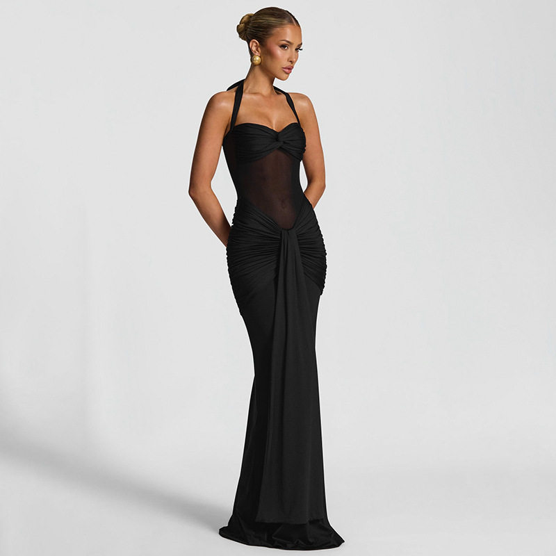 Chic Womens Maxi Dress Halter Neck Sheer Mesh Solid Color Flowing Design Perfect for Parties and Summer Events