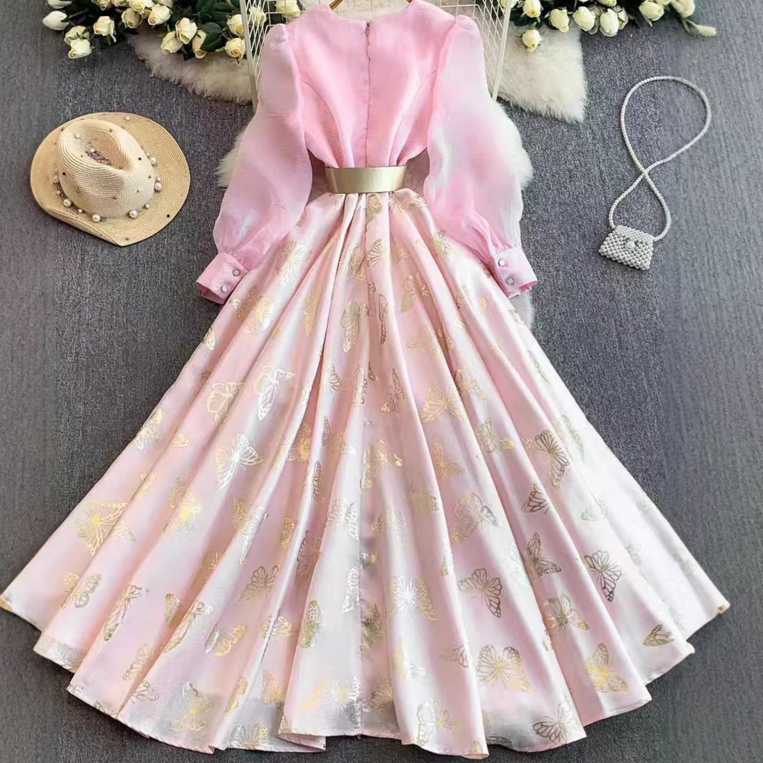 Sweet Princess Style Long Sleeve Dress Mesh Panel Square Neck Waist Tie Flared Skirt Elegant Evening Gown