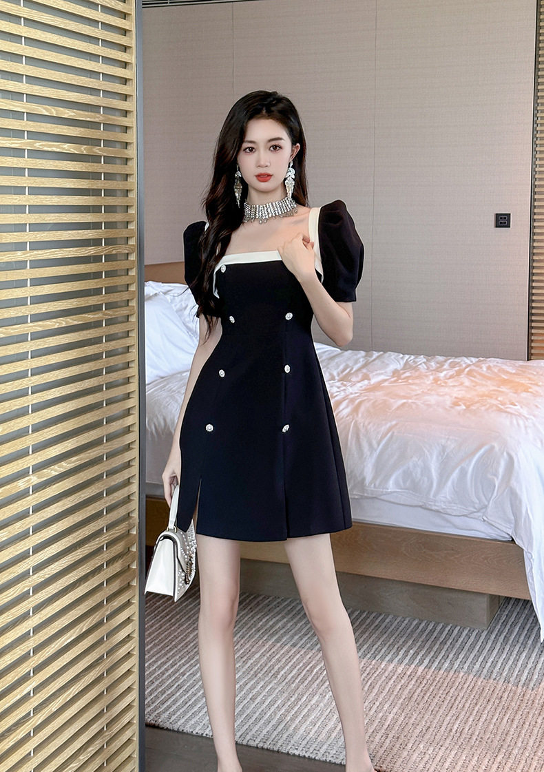 Đầm suông nữ midi cổ vuông tay ngắn, dáng chữ A, nhấn eo, phong cách Pháp — [Đen] chi tiết 9