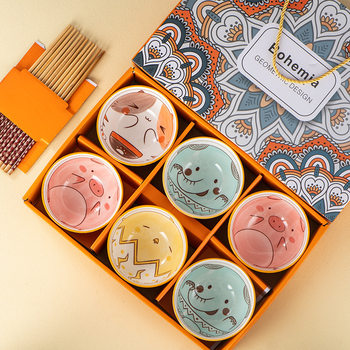 Cartoon Animal Japanese Style Tableware Bowl and Chopsticks Set Gift Box Blue and white Ceramic Bowl Printable LOGO Opening Hand Gift