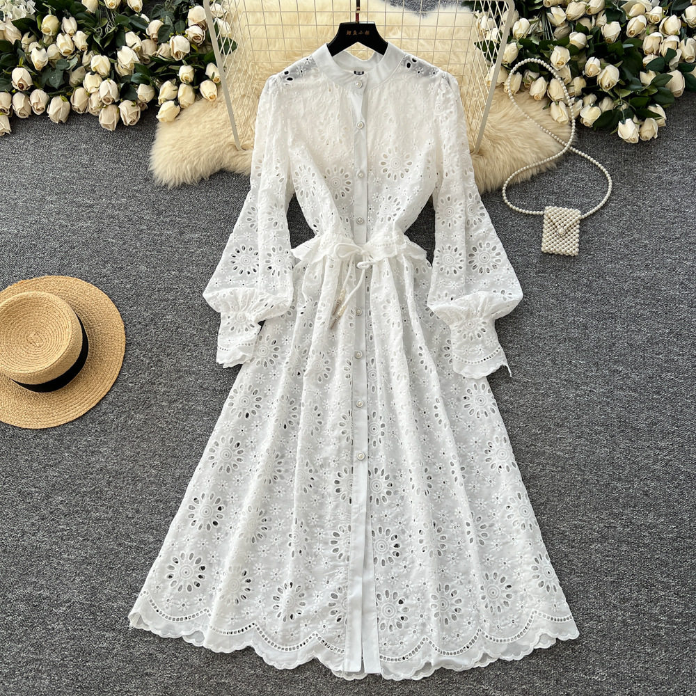 French Style Heavy Embroidery Hollow Out Long Sleeve Dress with Round Neck Two Piece Set with Shorts Elegant Casual Wear