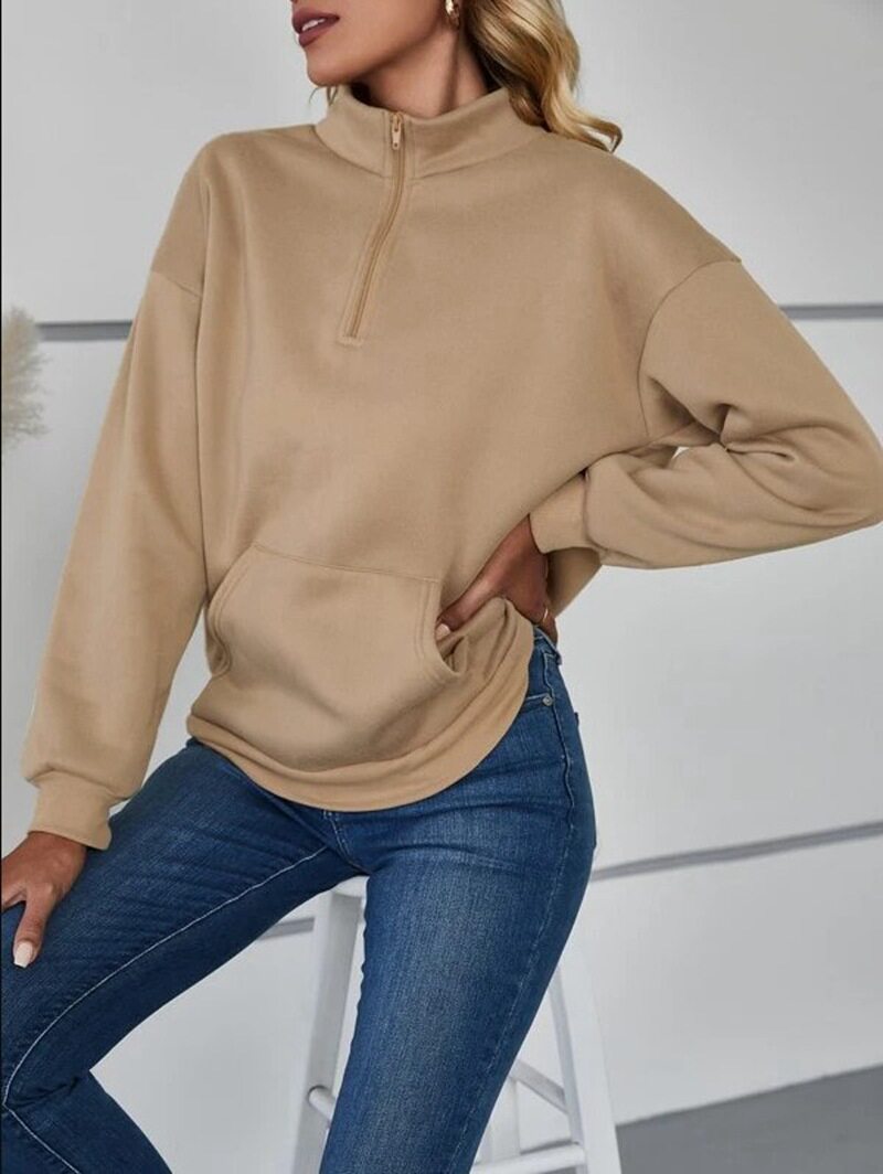 Casual Zip Pocket Hoodie Solid Color Stand Collar Autumn Winter Style Ready to Ship Wholesale Available