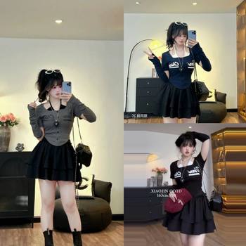 plus size chubby girl Pure Desire Hot Girl Printed Short-sleeved T-shirt Slimming Fake Two-piece Neck Top Cake Skirt suit Summer