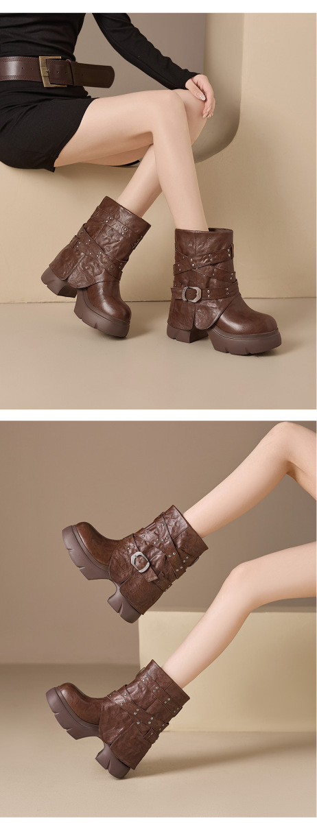 Boot Martin nữ cổ ngắn đế dày khóa thắt lưng gót thô đính đinh tán — Lớp lót đơn màu đen, Lớp lót đơn màu nâu, Lót nhung đen, Lót nhung màu nâu