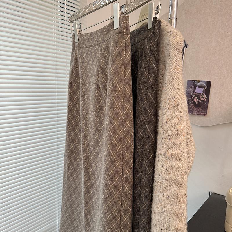 Plus Size High Waist A Line Wool Skirt Thickened Vintage Diamond Plaid Autumn Winter Fashion Wholesale Available