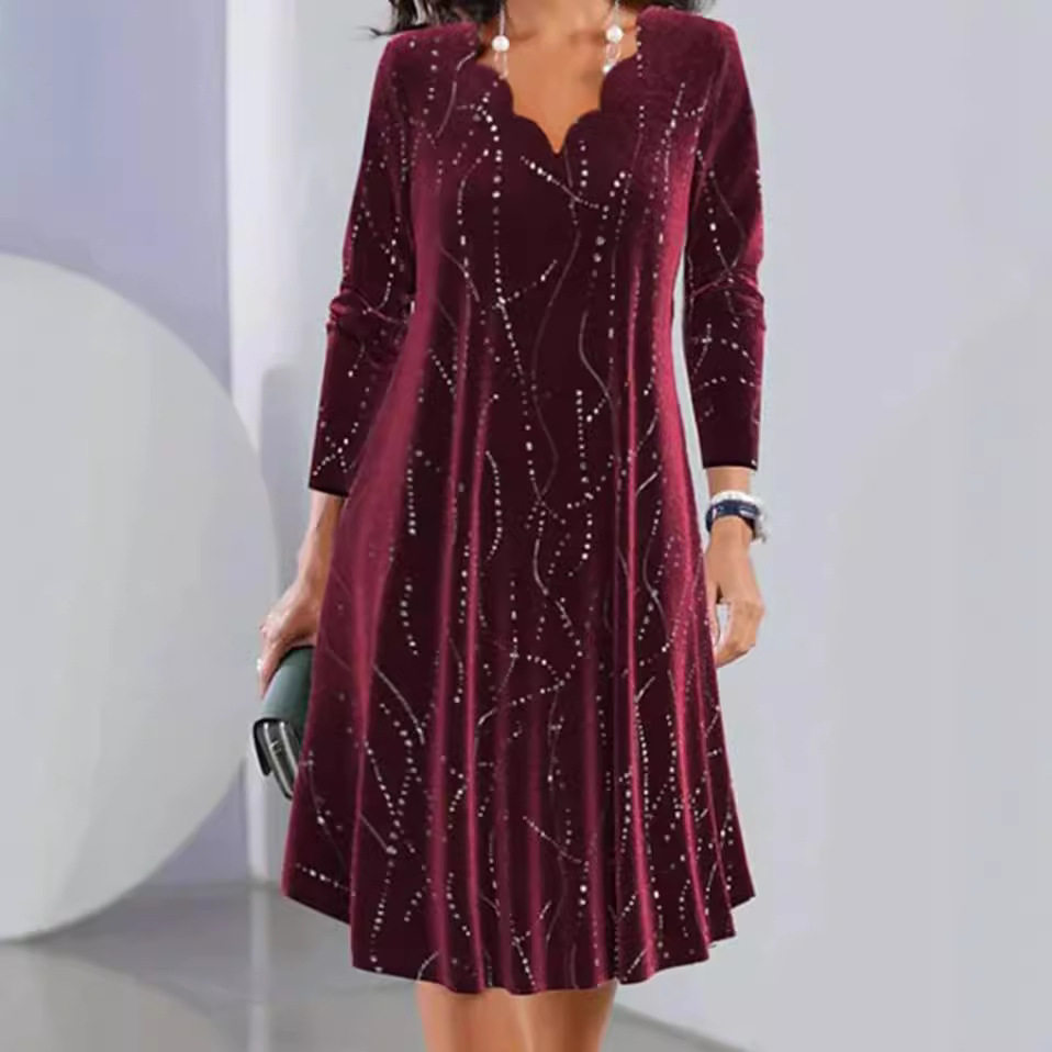 V Neck Long Sleeve Sequin Dress Stylish Elegant Autumn Winter Fashion Perfect for Parties and Events Wholesale